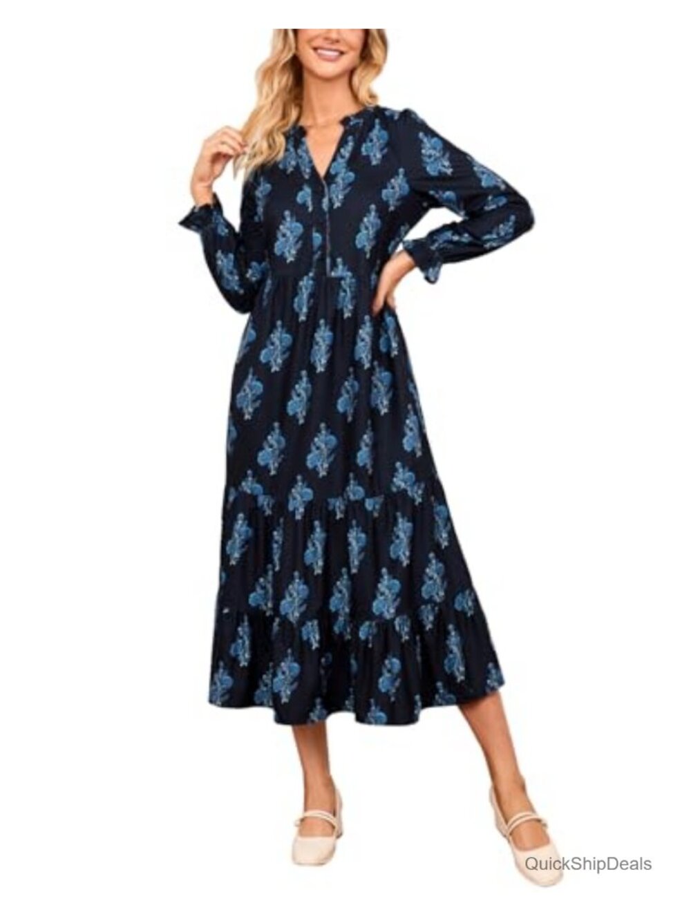 Women's Corduroy A-Line Midi Dress Long Sleeve Ruffle V-Neck Button Down with